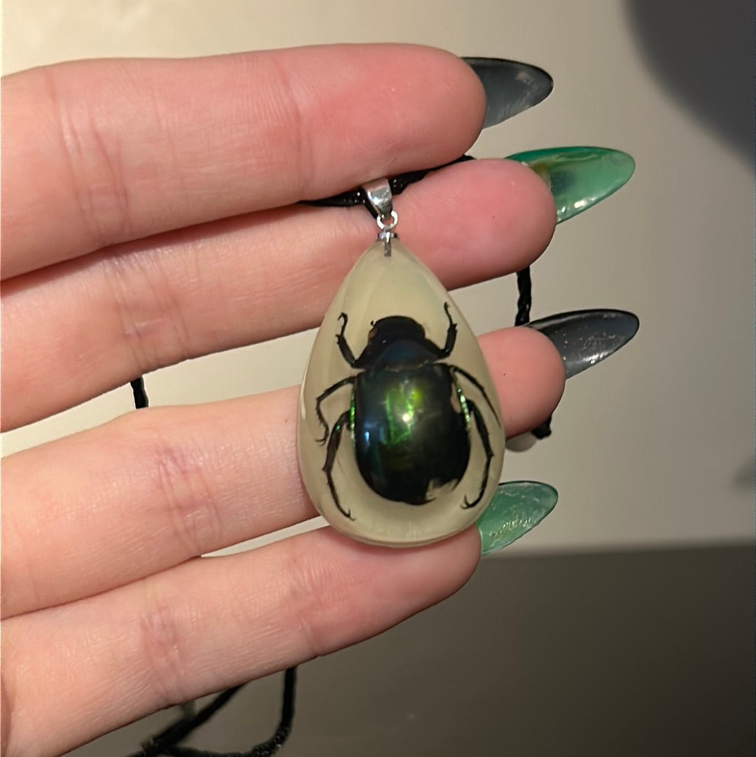 Green Beetle in Resin Necklace